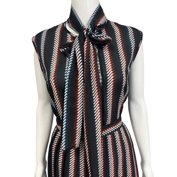 ELIE SAAB Black Striped Neck Tie Sleeveless Top A-line Pleated Skirt Set 44 US12 - Picture 3 of 7